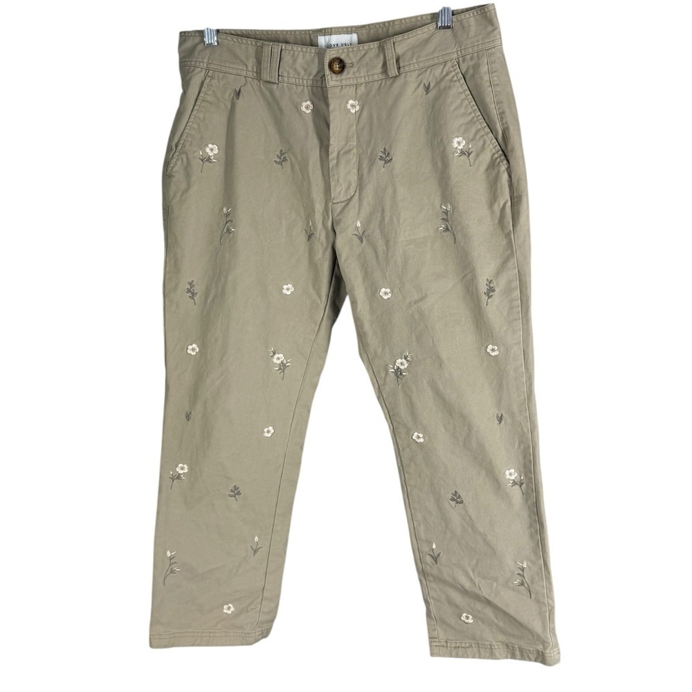 I Love Ugly cropped khaki floral embroidered pants size women’s large